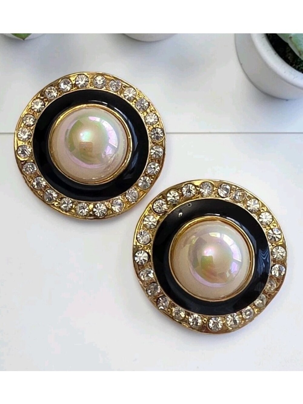 Vintage Lustrous Faux Pearl Cabochon Black Enamel Rhinestone Clip On Earrings